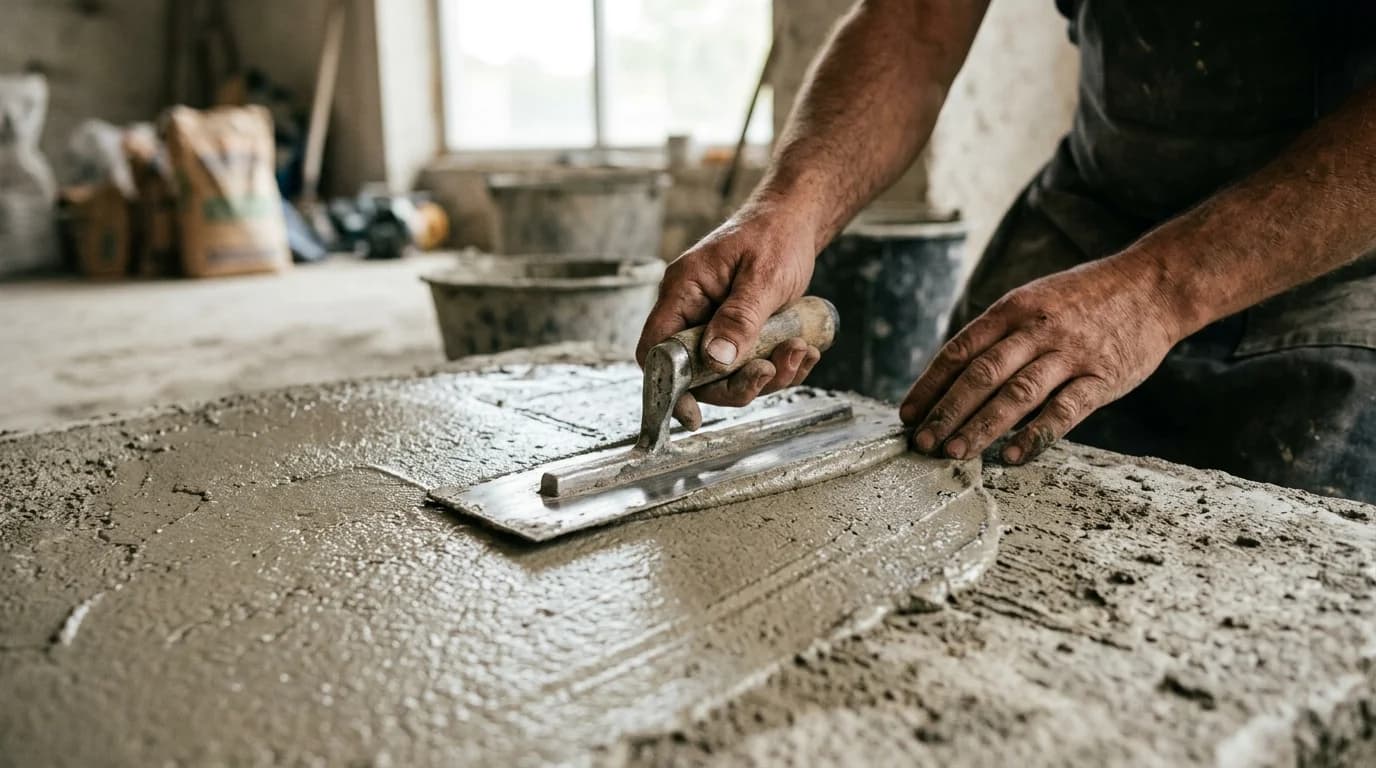 Artisane appliquant du béton ciré avec une taloche