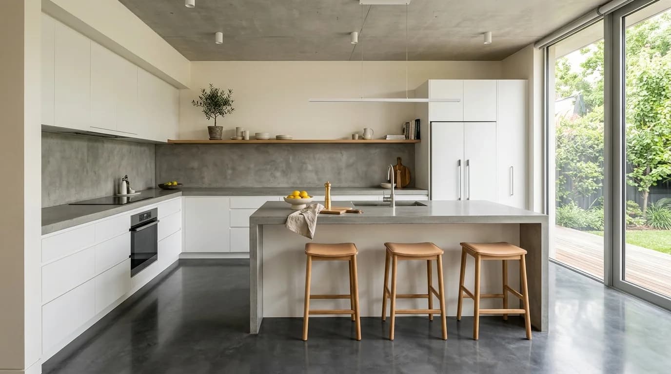 Cuisine moderne avec sol et crédence en béton ciré