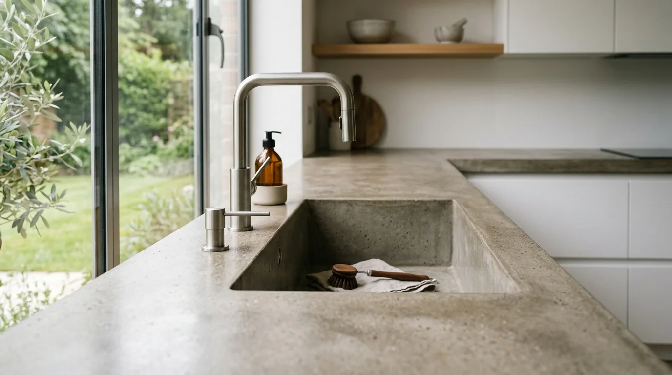 Plan de travail en béton ciré gris dans une cuisine contemporaine