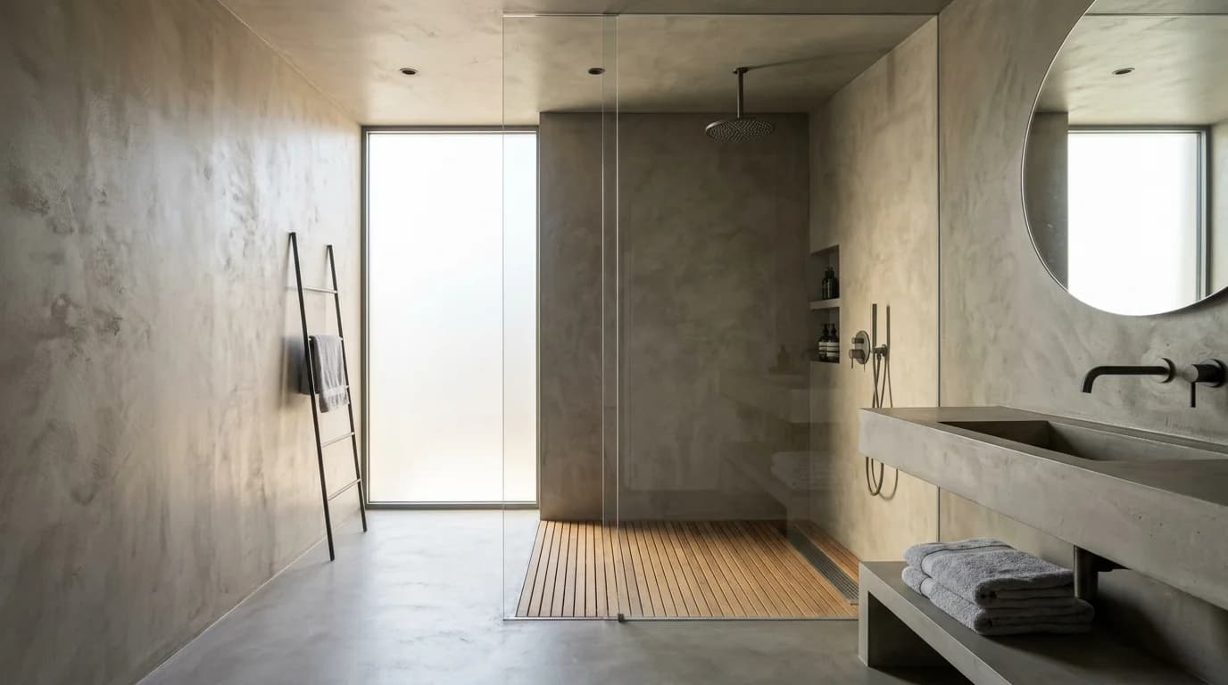 Salle de bain en béton ciré avec douche italienne