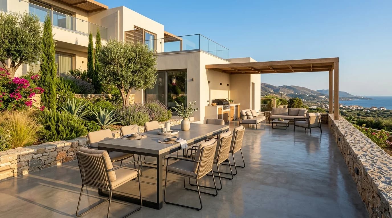 Terrasse en béton ciré avec mobilier de jardin moderne
